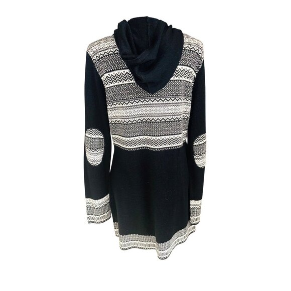 Telluride Womens Black White Long Hood Zip-Up Nordic Fair Isle Sweater Cardigan - Picture 3 of 8